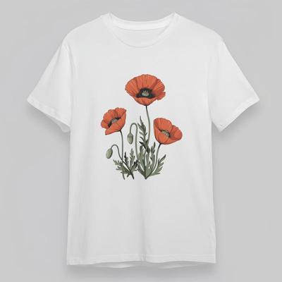 Damen Oversize Weiches Atmungsaktives Klassisches T-Shirt Design mit leuchtenden Mohnblumen