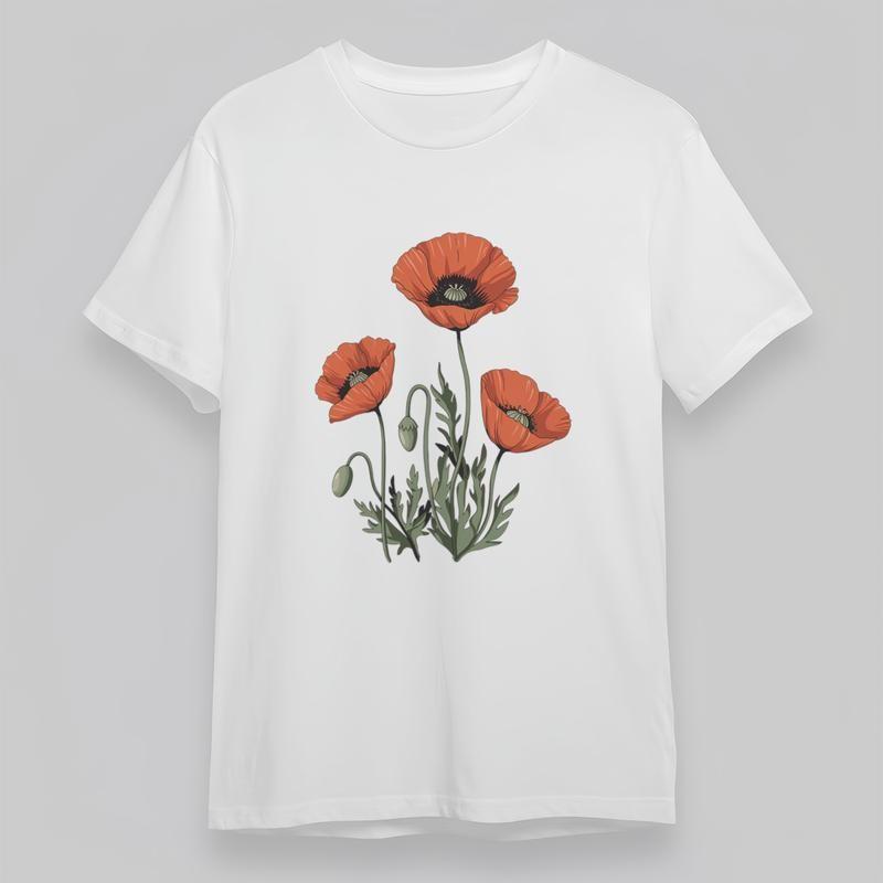 

Women s Oversize Soft Breathable Classic T-Shirt Bright Poppy Flowers Design Tee 4XL