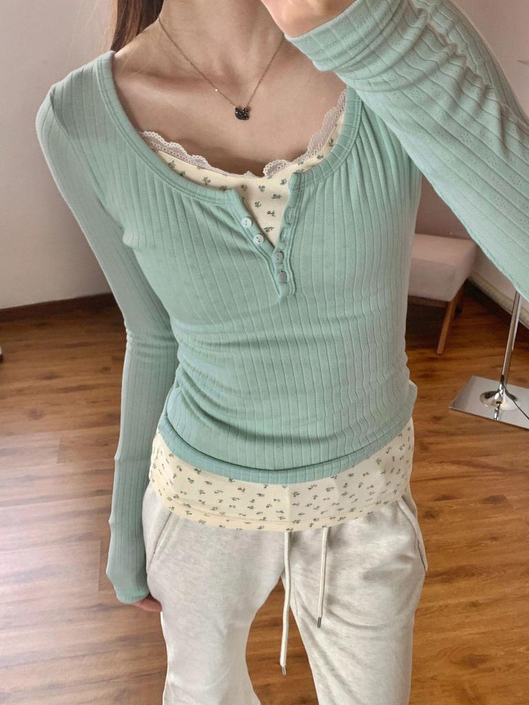 Dam T-shirt med blommig spets för tidig vår med kort topp - Tvådelat set