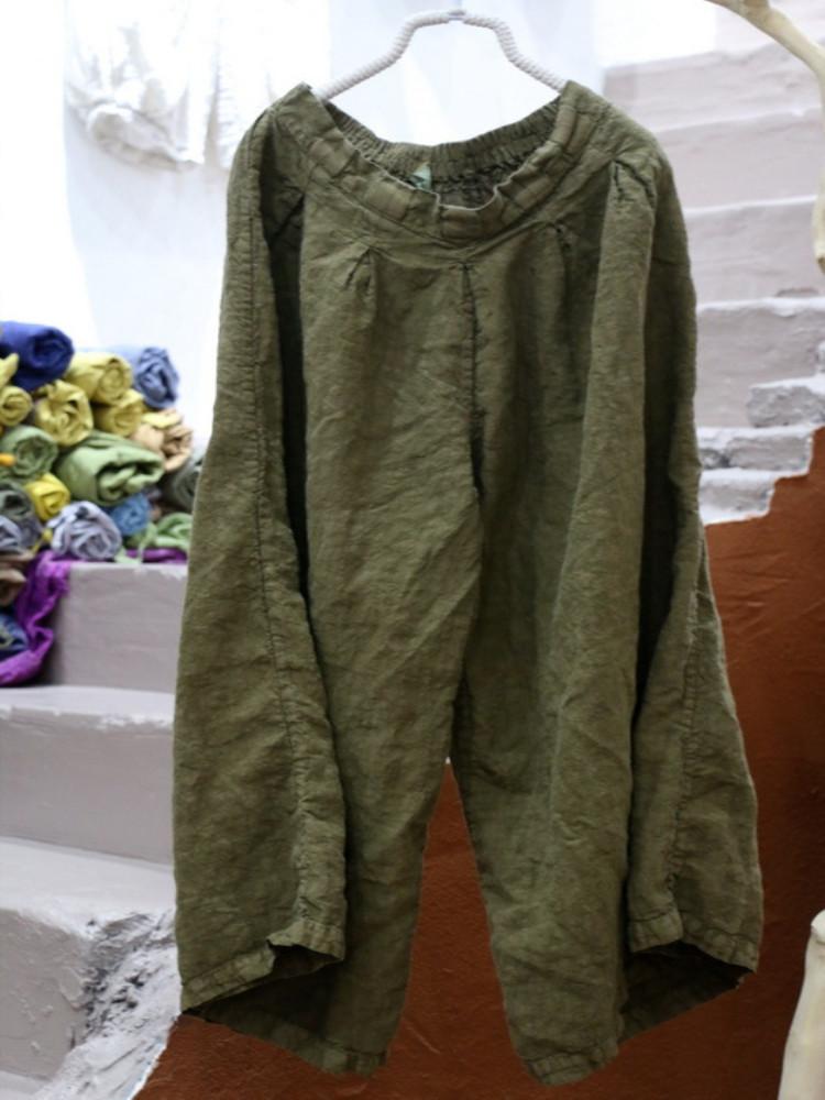 Johnature Summer Vintage Loose Cotton Linen Comforatble Elastic Waist Long Pants