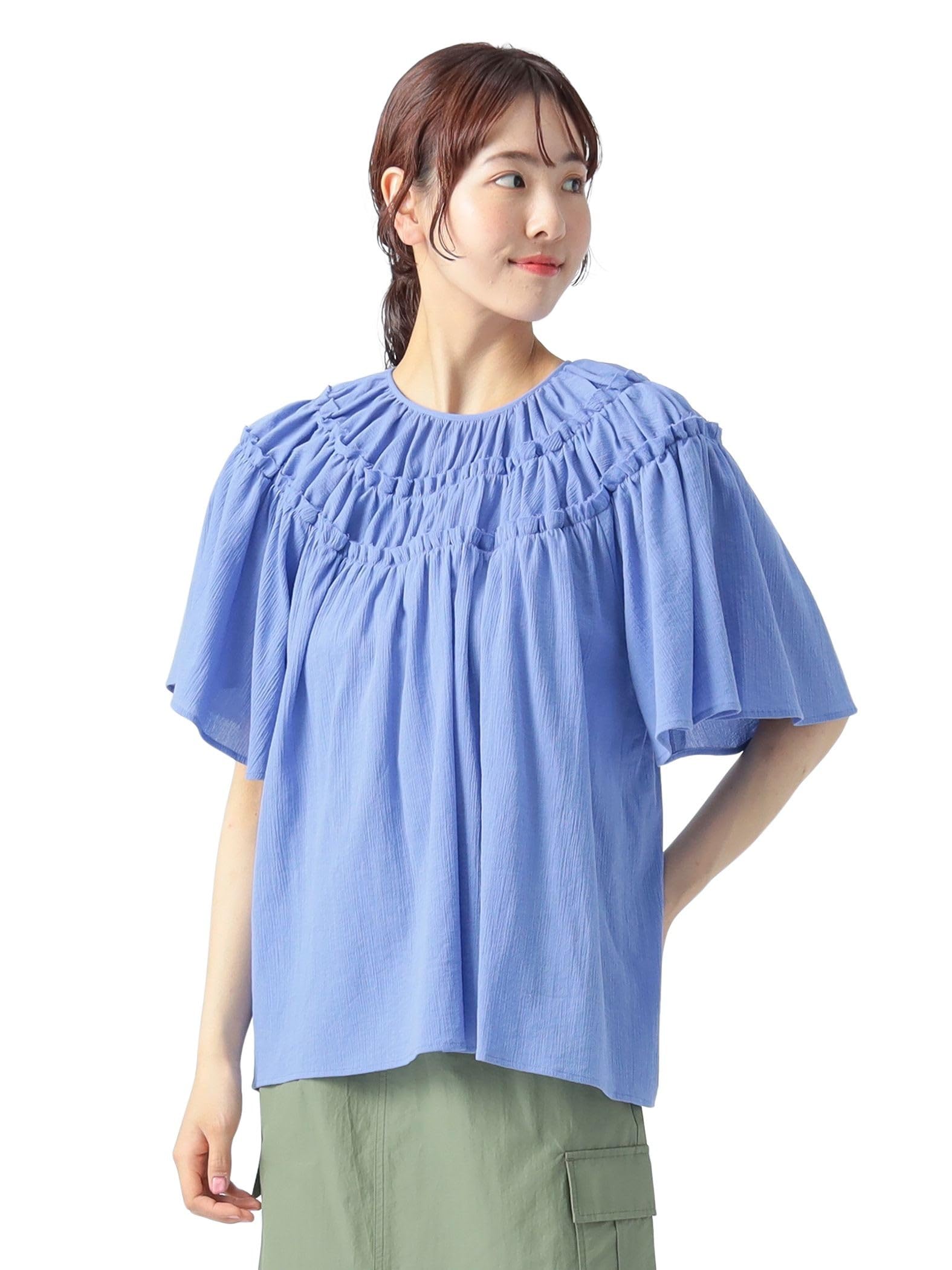 

Beams Heart Блузка женская с оборками и сборками, единый размер, синяя, с коротким рукавом синий