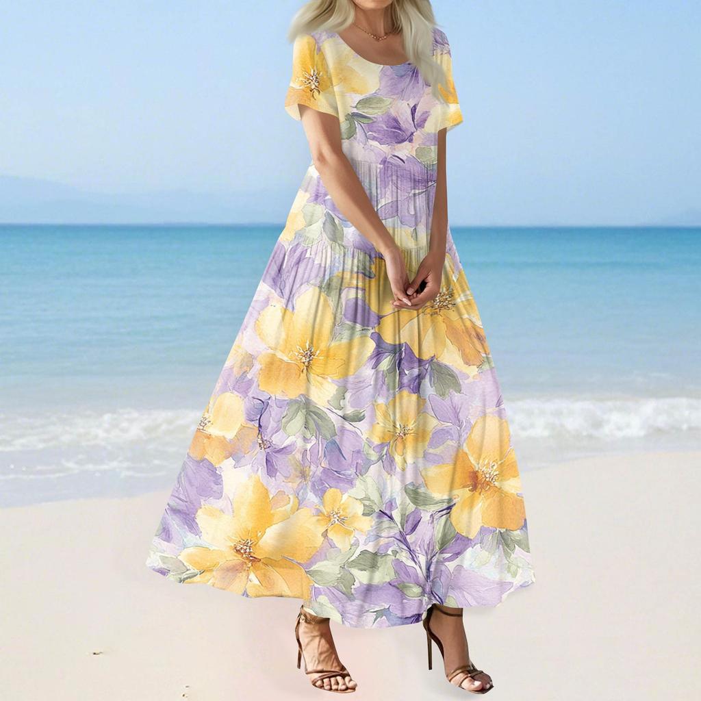 Women's Summer Casual Floral Print Short Sleeve O Neck High Waist A Line Tiered Flowy Boho Maxi Dress