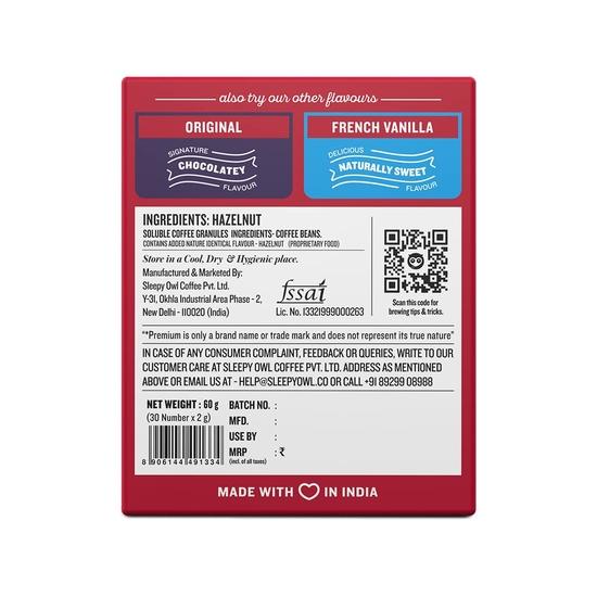 Sleepy Owl Hazelnut Flavour 100% Arabica Coffee Sachets | 60g - Pack of 30 X 2g Instant Coffee Powder Sachets | Nutty & Bold | Travel Friendly