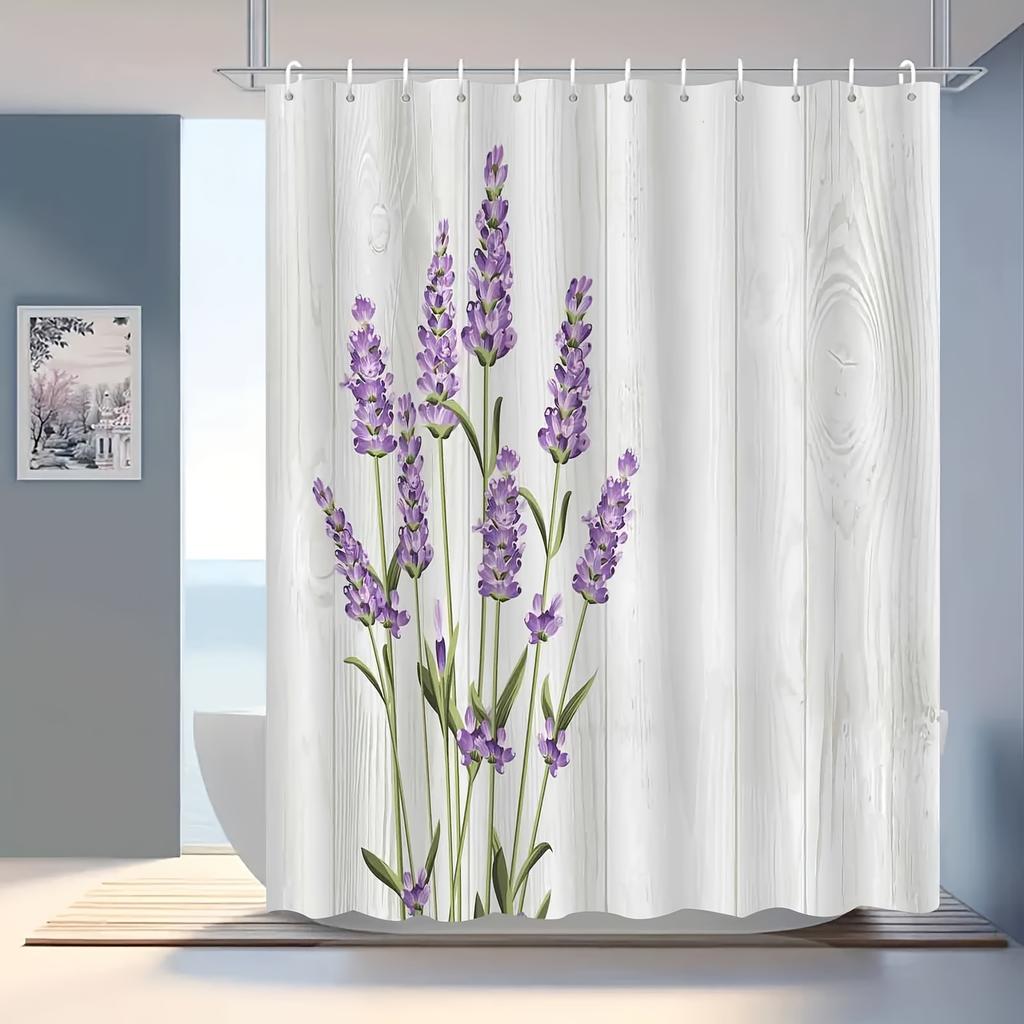 1 Elegant Lavender and Woodblock Print Shower Curtain - Purple Floral Pattern, Polyester Bathroom Decor, Machine Washable