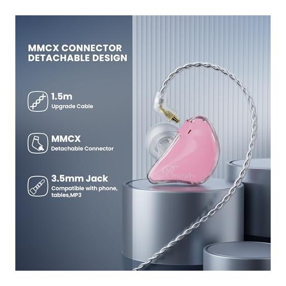 BASN Bmaster IEM Monitor Earphones Triple Driver In-Ear Monitor with 2 Detachable MMCX Cables for Musicians/Drummers Canal Wired Earphones (Pink)