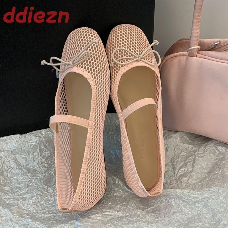 Fashion Pink Fashion Mesh Breathable Ladies Flats Mary Janes Shoes Female Shallow Footwear Butterfly-Knot Women Ballet Flats Shoes