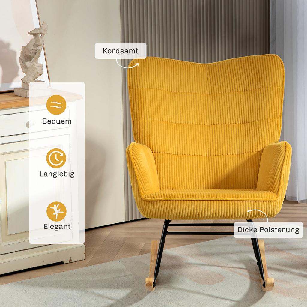 Vintage Rocking Chair, Curved Rockers, Thick Padding, Beech Wood & Steel, Yellow