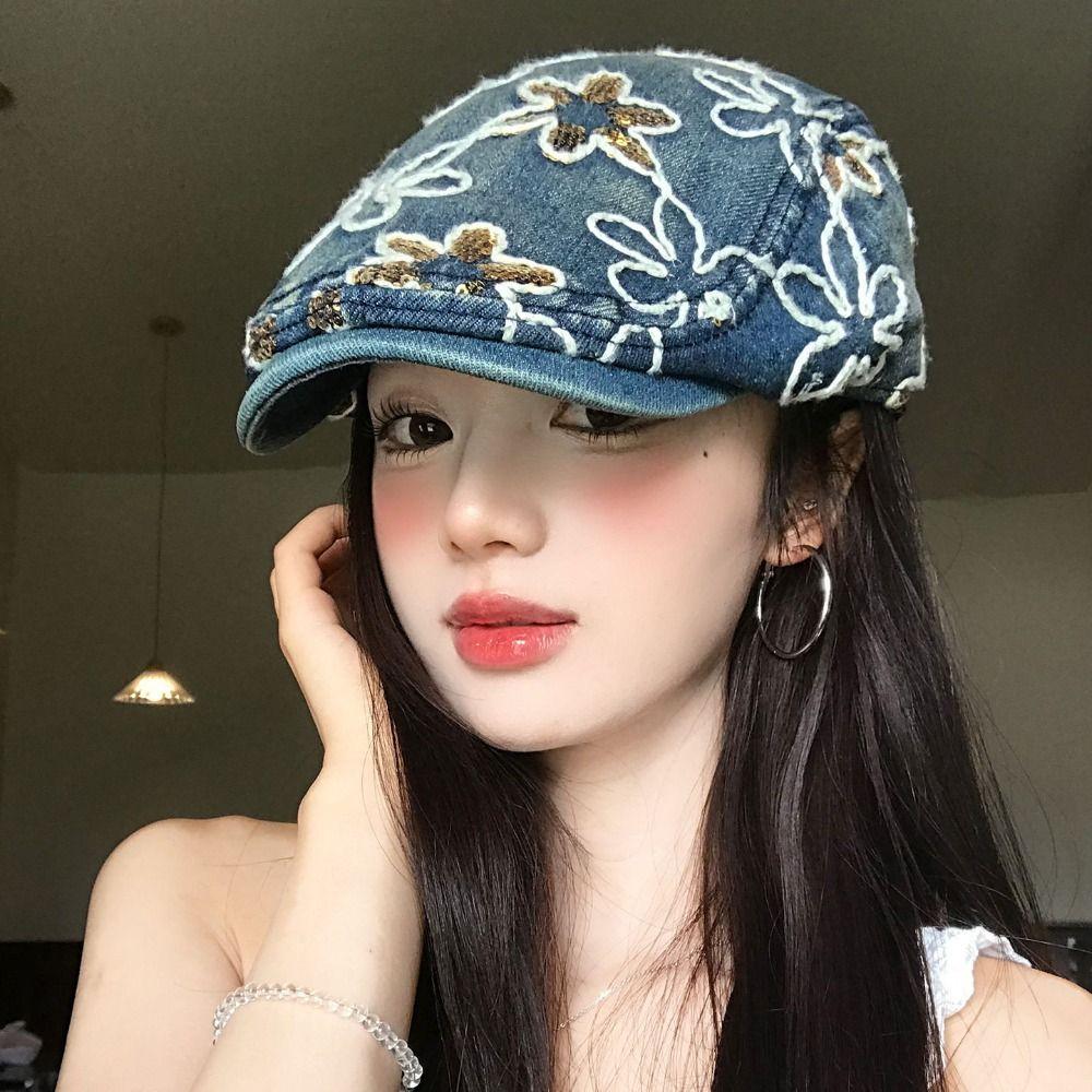 Y2k Denim Forward Cap Ethnic Style Sequin Newsboy Cap Embroidery Flower Forward Hat  Outdoor