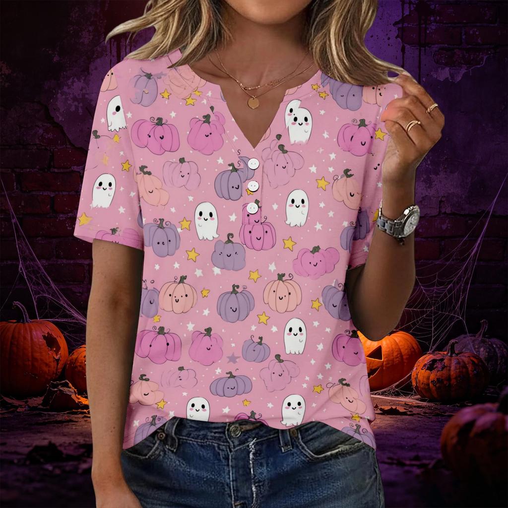 Women’s Casual Halloween Print V Neck Short Sleeve T Shirt Top with Decorative Button for Everyday Wear