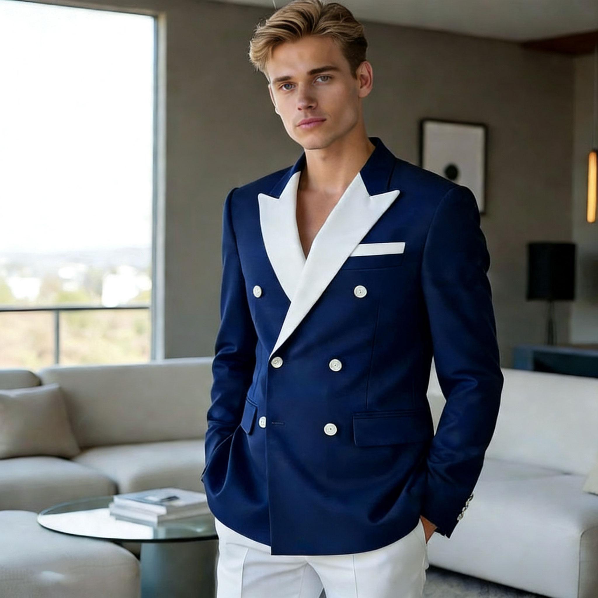 

Men s Suit 2 Piece Navy Blue Double Breasted Blazer with White Pants Formal Outfits for Party Groom Wedding Fashion Male Suit 5XL безодня/білий