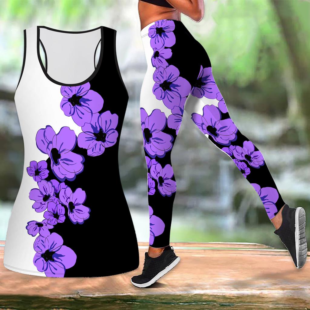 Blue Tilted Flower Print Yoga Outfit for Women Fashion Workout Leggings Fitness Sports Casual Yoga Set Sports Suit