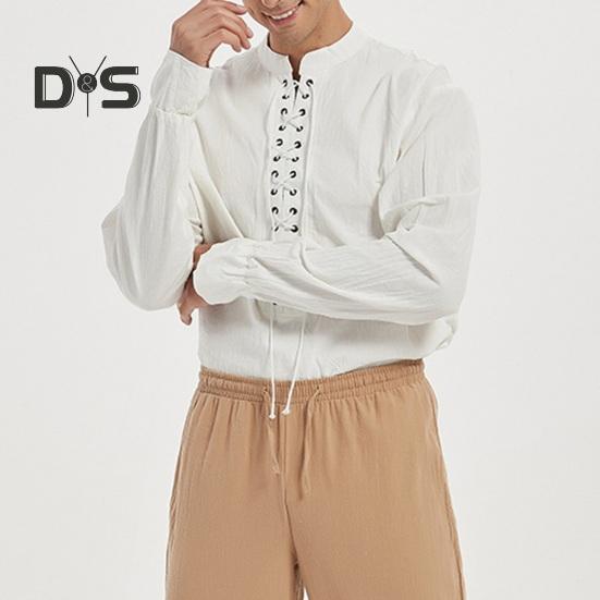 Весна Осень Мужская Рубашка На Шнуровке Воротник-стойка Длинные Рукава Однотонный Цвет — фото 3