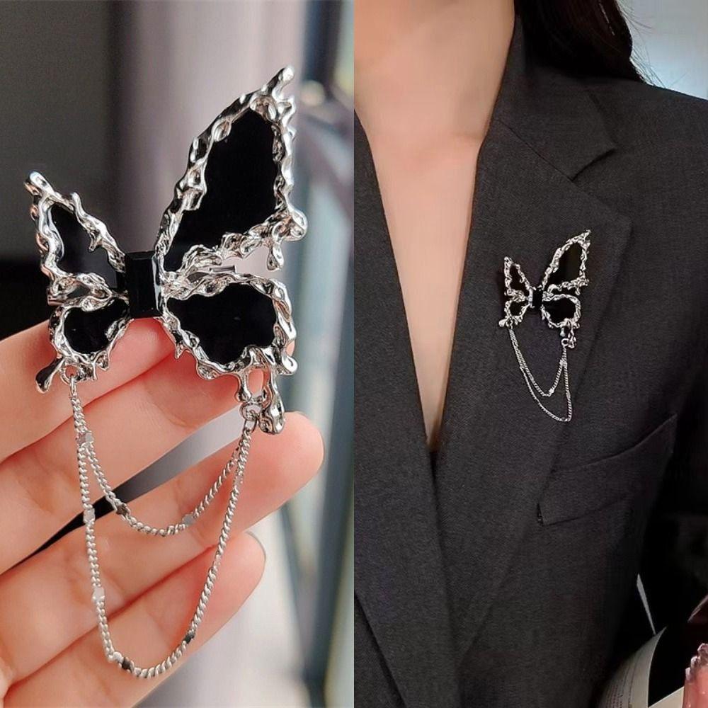 Tassel Pendant Butterfly Chain Brooch Pin Black Suit Badge Lapel Pins Clothing Accessories Jewelry
