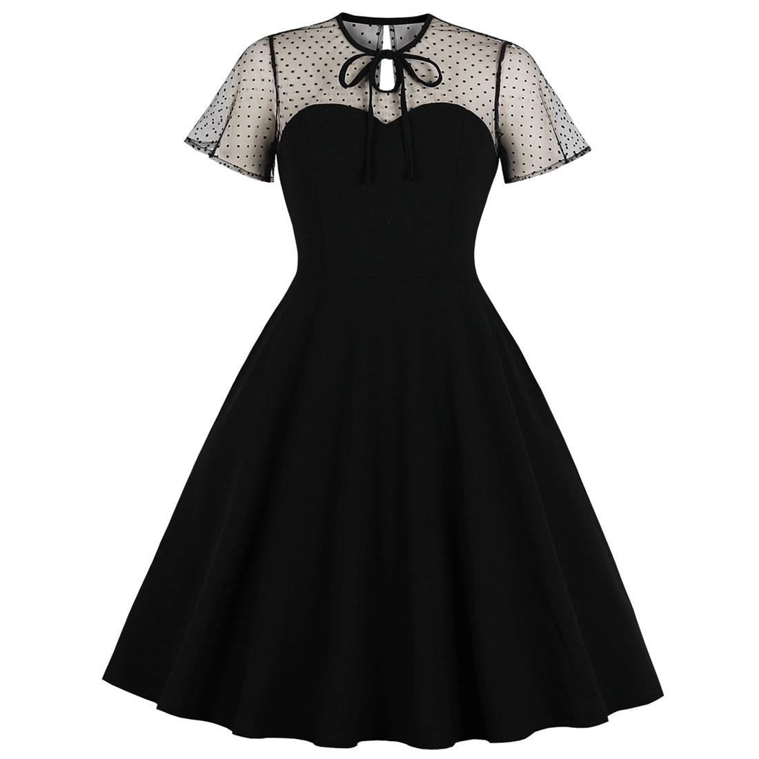 

Женские винтажные платья с цветочной вышивкой в горошек, миди-платье-качели, коктейльная вечерняя одежда, вечерний деловой повседневный формальный наряд для особых случаев 4XL чёрный