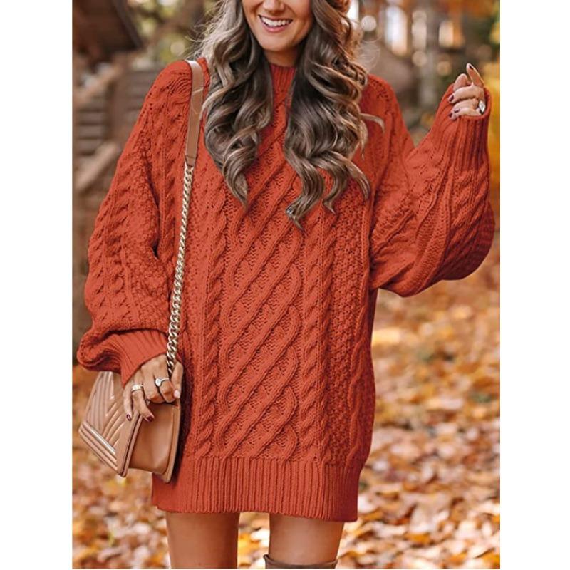 Women's Sweater Dress, Women's Long Sleeve Crew Neck Textured Knitted Dresss