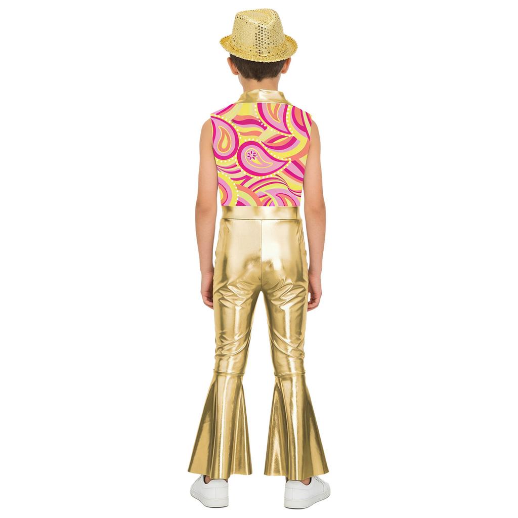 Boys Disco Metallic Glossy Sleeveless Print Patchwork Long Flare Pants Jumpsuit Sequins Fedora Hat
