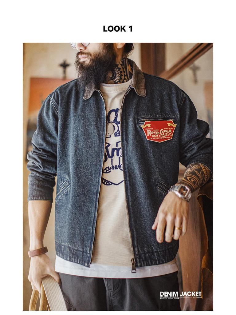Men's American Retro Denim Detroit Jacket: Washed & Distressed Casual Lapel for Spring