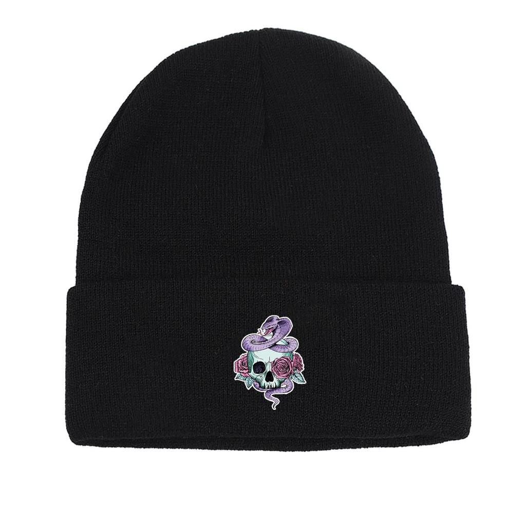 Skull Snake Rose Warm Knitted Cap Beanie, Scary Animal Woman Cap Cozy Slouchy Solid Bonnet Knitted Cap Beanie