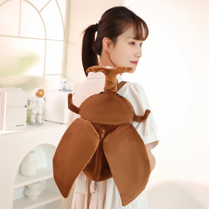 Stuffed Simulation Insect Unicorn Beetle Allomyrina Dicoma Wild Animal Doll And Backpack Plushie Double Shoulders Bag Gift