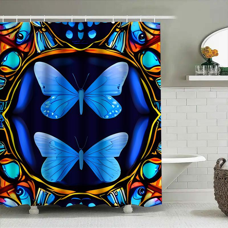 Blue Butterfly Shower Curtain 3D Printed Bathroom Decor Blue Floral Print Shower Curtain Waterproof Fabric Shower Curtains For H