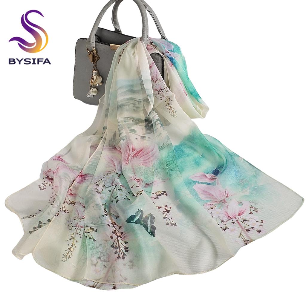 [BYSIFA] Women Chiffon Pure Silk Scarf Cherry Blossom Floral Design Long 100% Silk Shawl Scarf Purple Pink Silk Scarves Echarpes