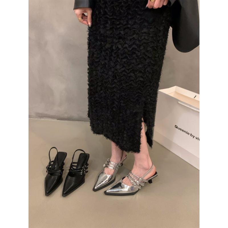 Fashion NEW Summer Pointed Belt Buckle Thin Heel Belt Buckle Single Shoes Women's Baotou Silver Back Empty High-heeled Sandals