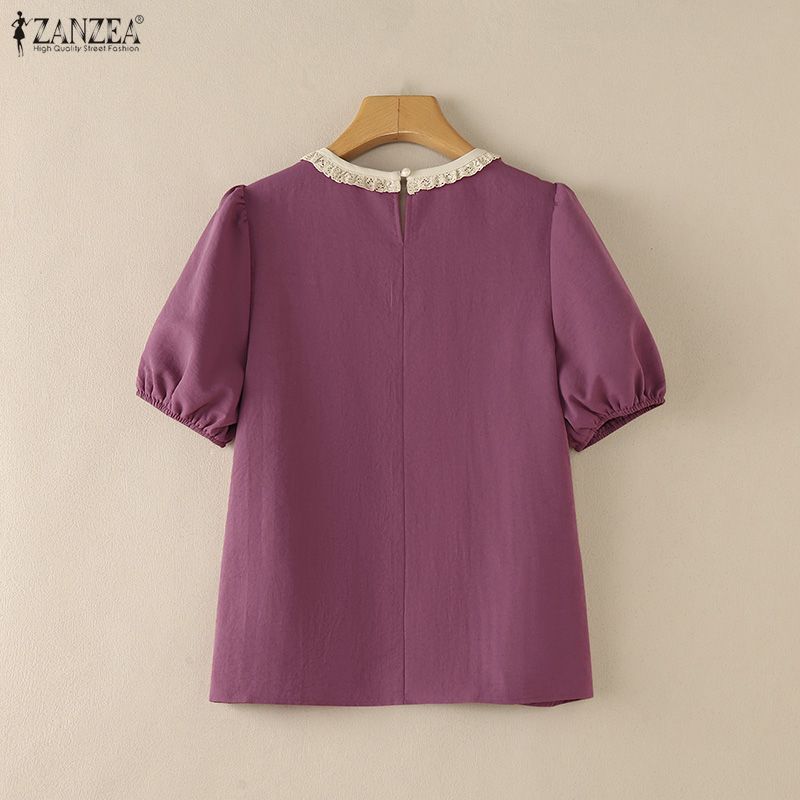 ZANZEA Damen Patchwork Rundhals Locker Sommer Lässig Kurzarm Bluse