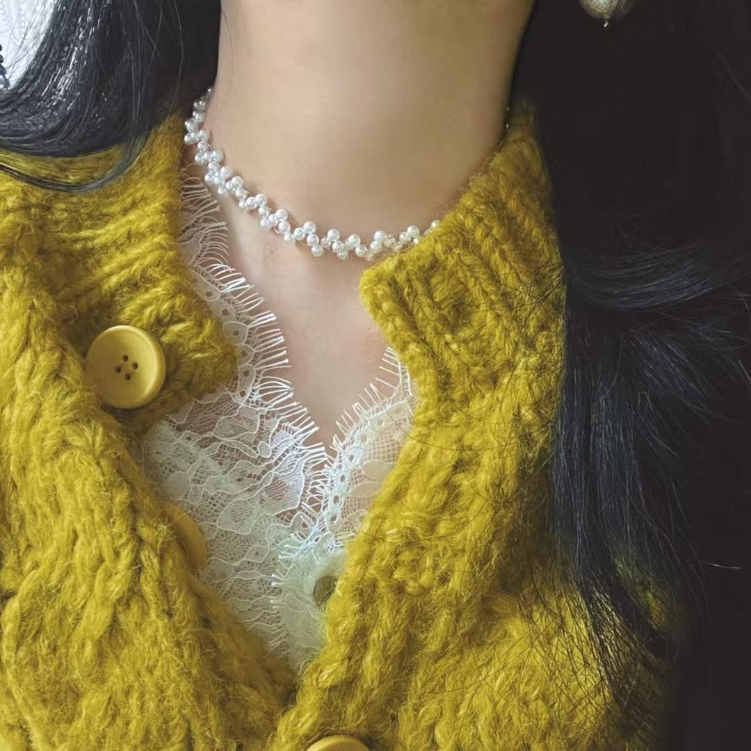 

High With Retro Design Sense High Quality Artificial Crystal Pearl Chocker Necklace Collarbone Chain