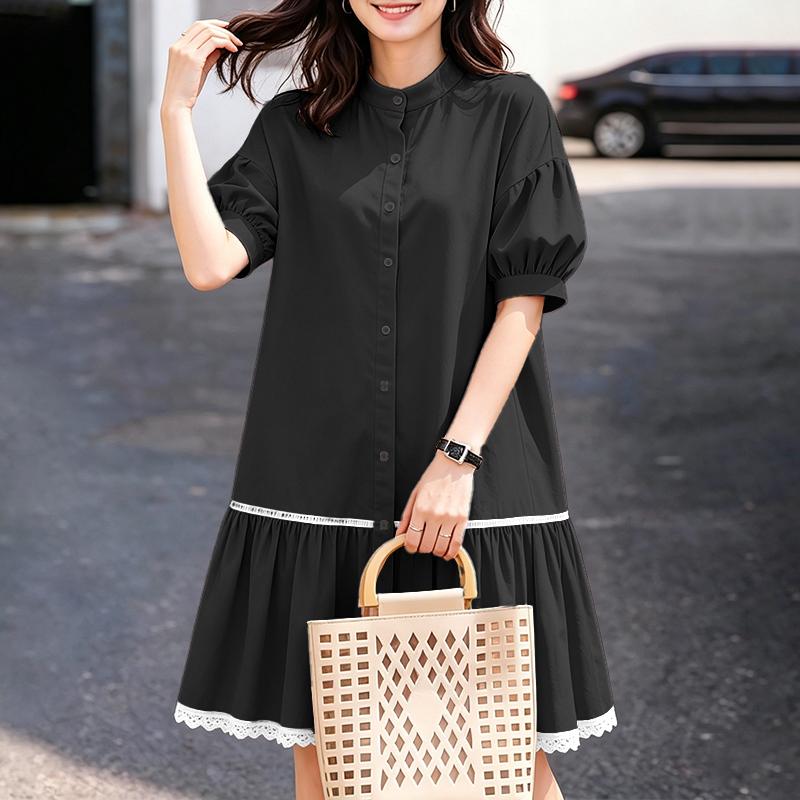 ZANZEA Women Stand Collar Summer Lace Splice Hem Loose Half Sleeve Dress