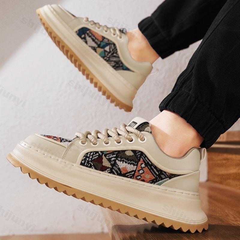 Fashion Men Sneaker Designer Fashion Casual Retro Skateboarding Shoes Leather Fabric Breathable Height Increased Flat Platform Shoes