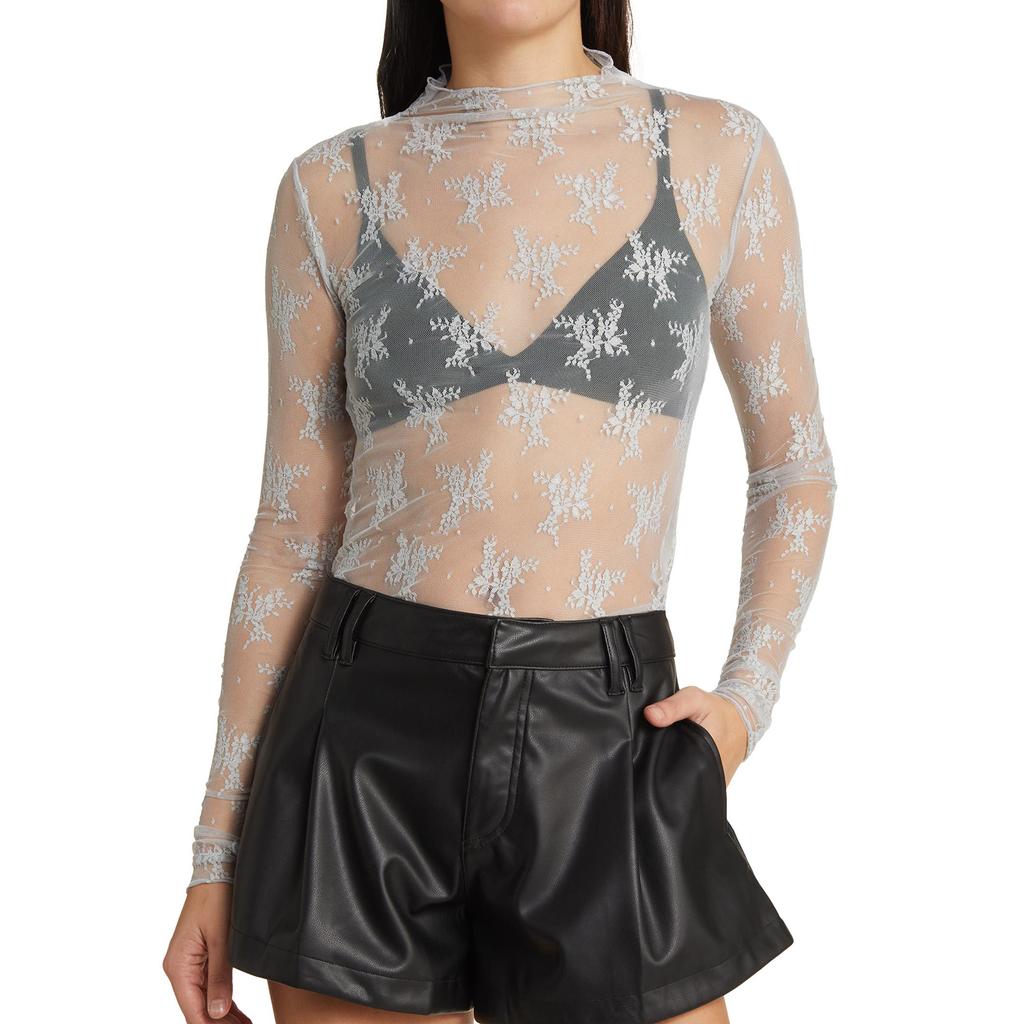 Women Long Sleeve T-Shirts Mesh See-Through Mock Neck Lace Shirts Spring Fall Slim Fit Tops Streetwear