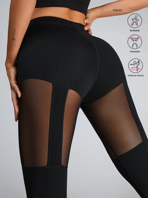 Damen High Waist Yoga-Hose mit durchgehendem Mesh-Einsatz - Halbtransparente Sport- und Fitnesshose, Ganzjahres-Stretch-Fitnesshose