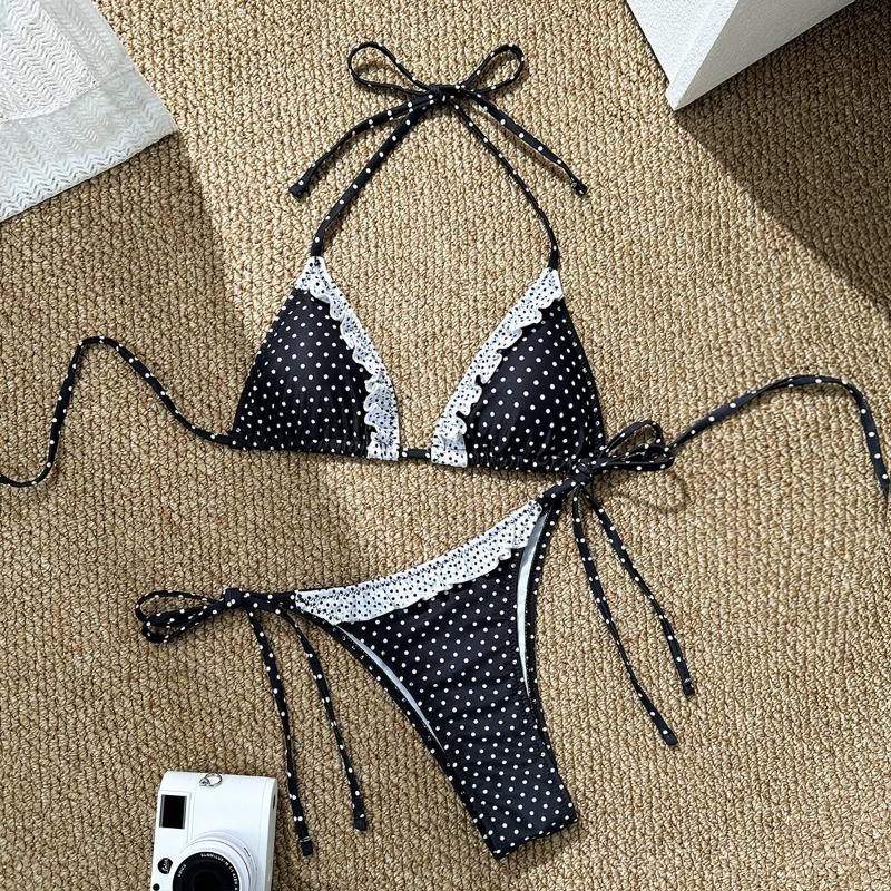 Bikini Swimsuit Women 2026 Cute Sexy with Tie Straps Small Chest Gathering Polka Dot Two-piece Triangle Swimsuit Vacation Spring