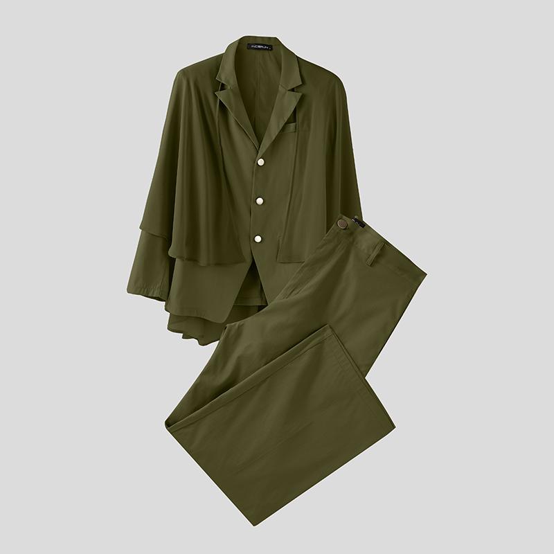

INCERUN Men Sets Lapel Long Sleeve Mesh Cloak Blazer Long Suit Pants Two Pieces Outfits 5XL армия зеленый