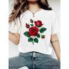 Europäische Größe Damen-T-Shirt mit Rosenprint - Kurzarm, Rundhalsausschnitt, Lässiges Oberteil, Design mit bordeauxroten Blättern und Rosen, für lässige Frühjahrs- und Sommer-Outfits