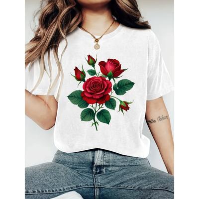 European Size Women'S Rose Print T-Shirt- Short Sleeve Round Neck Casual Top, Burgundy Leaves and Roses Design, for Spring and Summer Casual Outfits