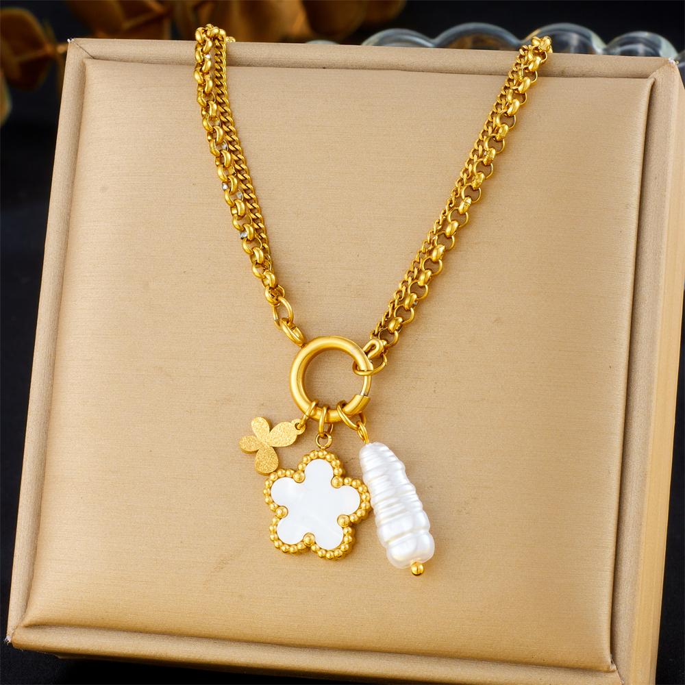 DIEYURO 316L Stainless Steel Heart Pearl Flower Cherry Pendant Necklace For Womens Fashion Trend Neck Jewelry Glamorous Gift