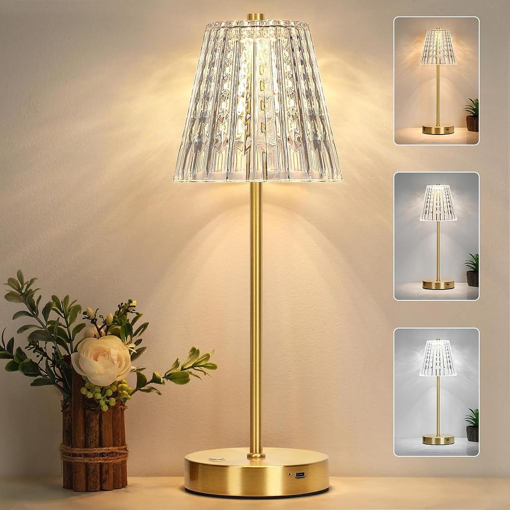 Vintage Crystal Table Lamp Dimmable Bedside Lamp Cordless Desk Lamp Touch Control 3 Light Colors