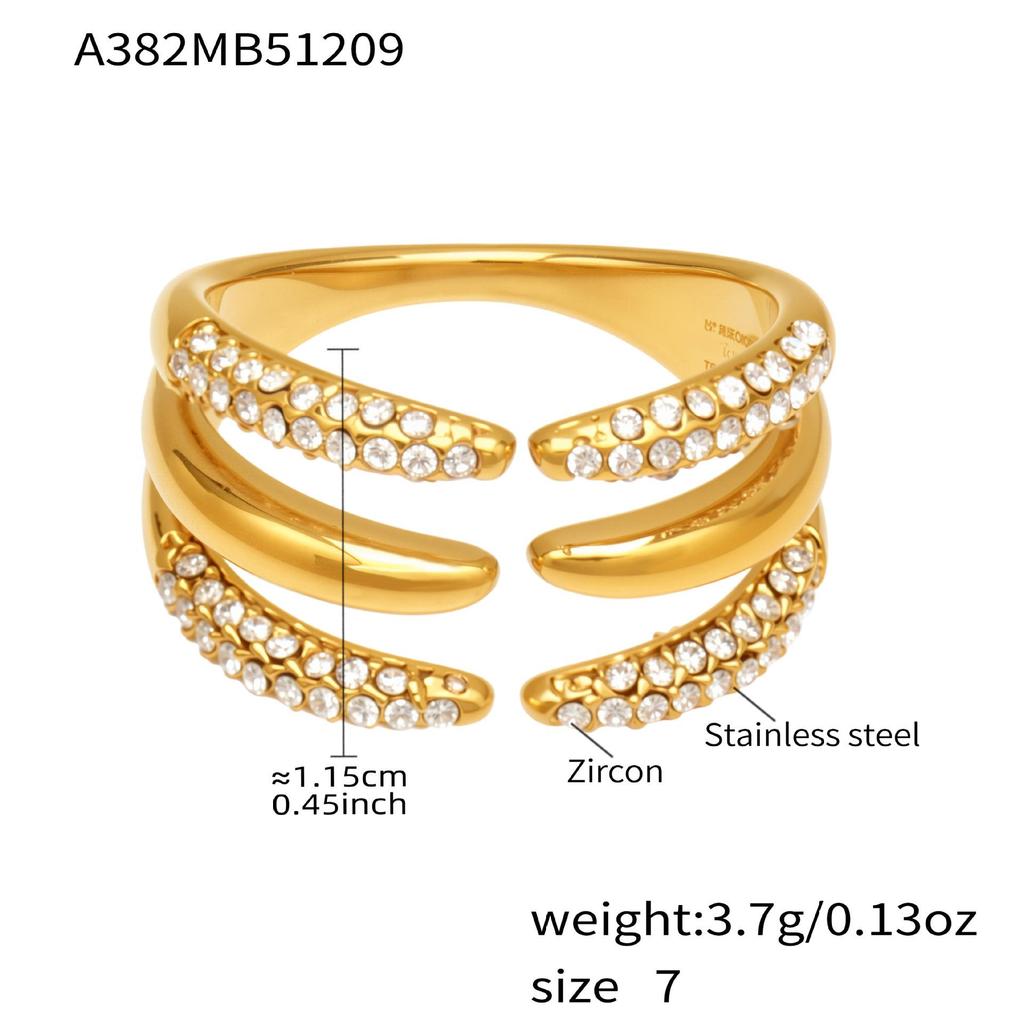 18k Gold-Plated Zirconia Inlaid Stainless Steel Open Ring Set - Modern Fashion Jewelry