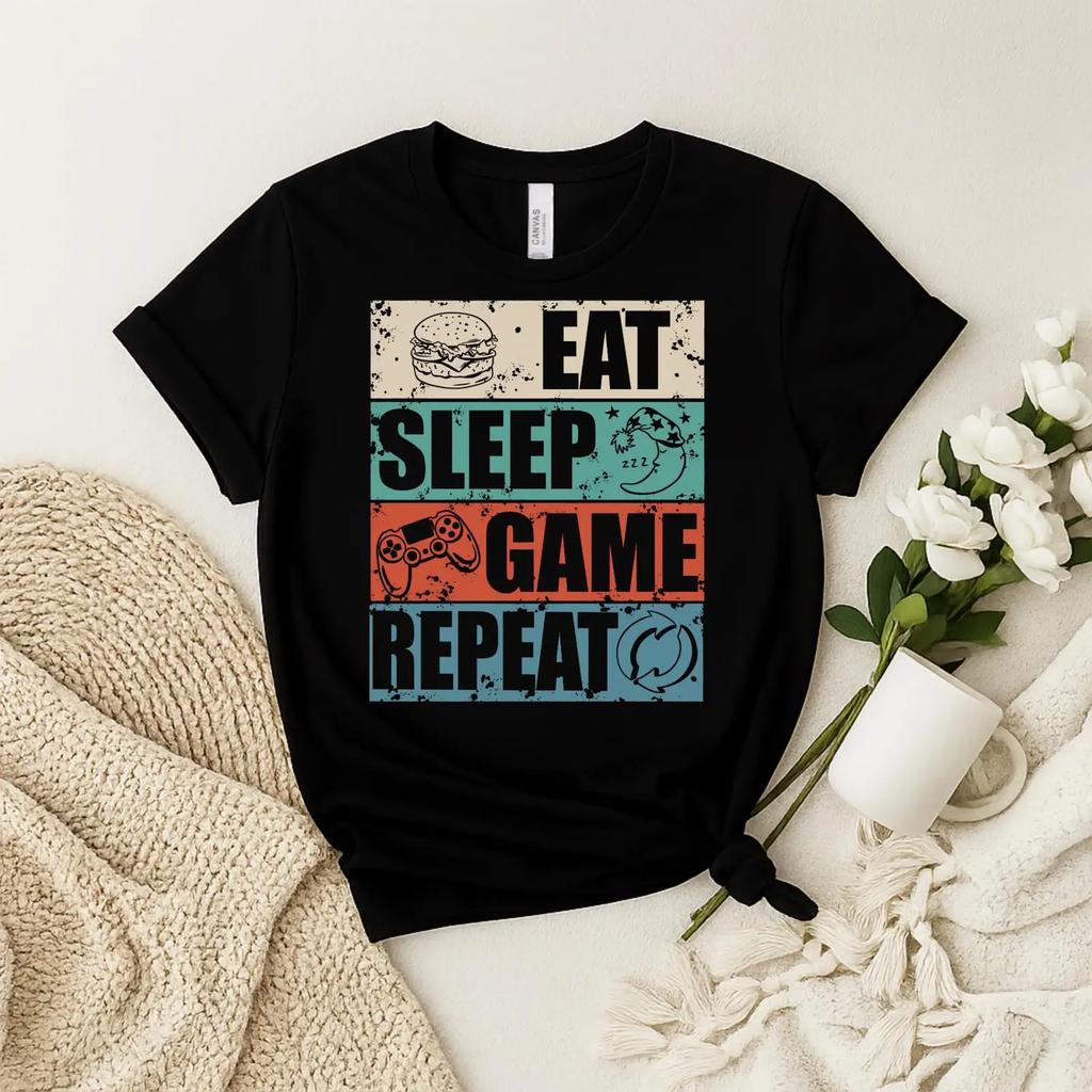 Eat Sleep Game Repeat T Shirt Gamer Life Vintage Washed Comfortable Streetwear Fashion Top For Everyday Wear Breathable Unisex