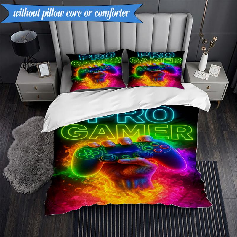 3PCS Neon Game Over Art Bedding Set,Including 1pc Duvet Cover And 2pcs Pillowcases Perfect for Bedroom, Dormitory, Fan Christmas Gift