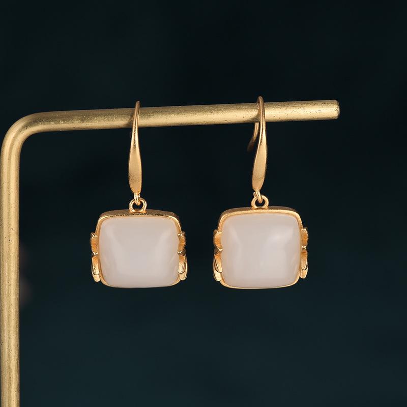 Chinese Court Style Bamboo Leaf Stud Earrings with White Jade for Women - Retro Dangle Design