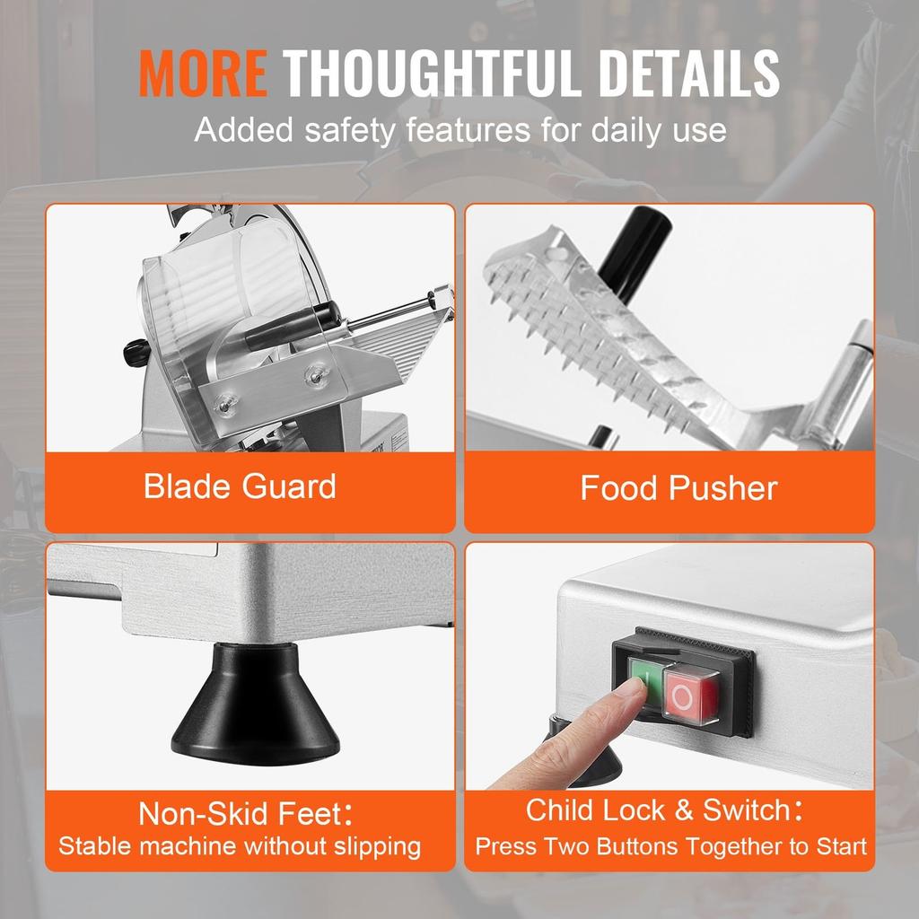 Meat Slicer, 340W Electric Deli Food Slicer with 10" SUS420 Stainless Steel Blade and Built-in Sharpening Stone, 0-0.6 Inch Adjustable Thickness for
