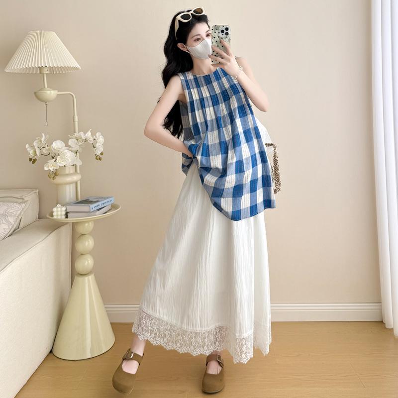 2026 Summer Korean Plaid Maternity A-line Skirt Set L