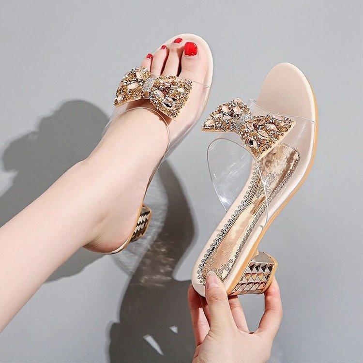 Comemore New Summer Outside Wear Versatile Medium Thick Heel Slippers Women's Shoes Casual Rhinestone Bow Flip Flops Ladies Shoe