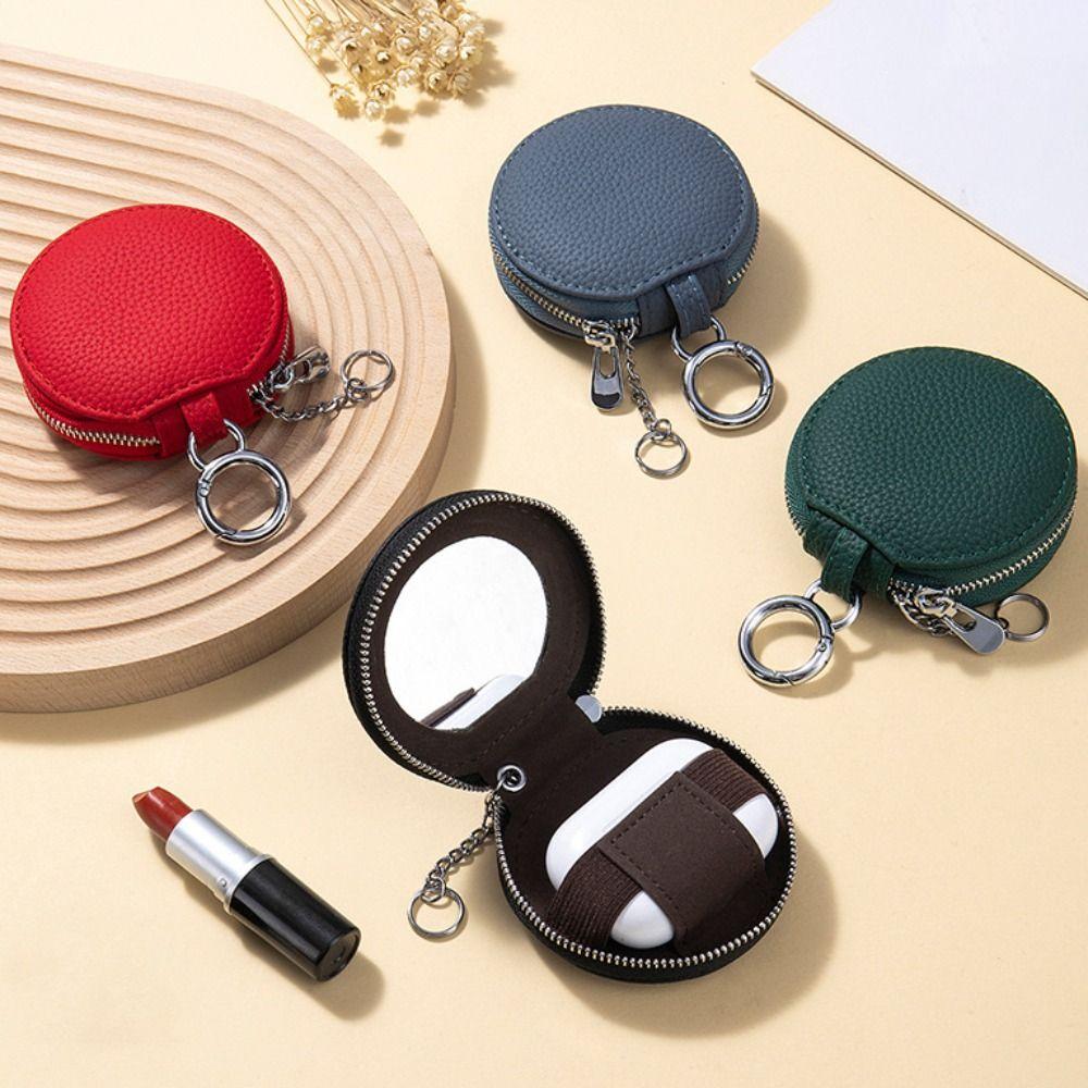 Genuine Leather Coin Purse Bag Pendant Decor With Mirror Round Wallet Keychain Zipper Closure Lipstick Storage Bag Bluetooth