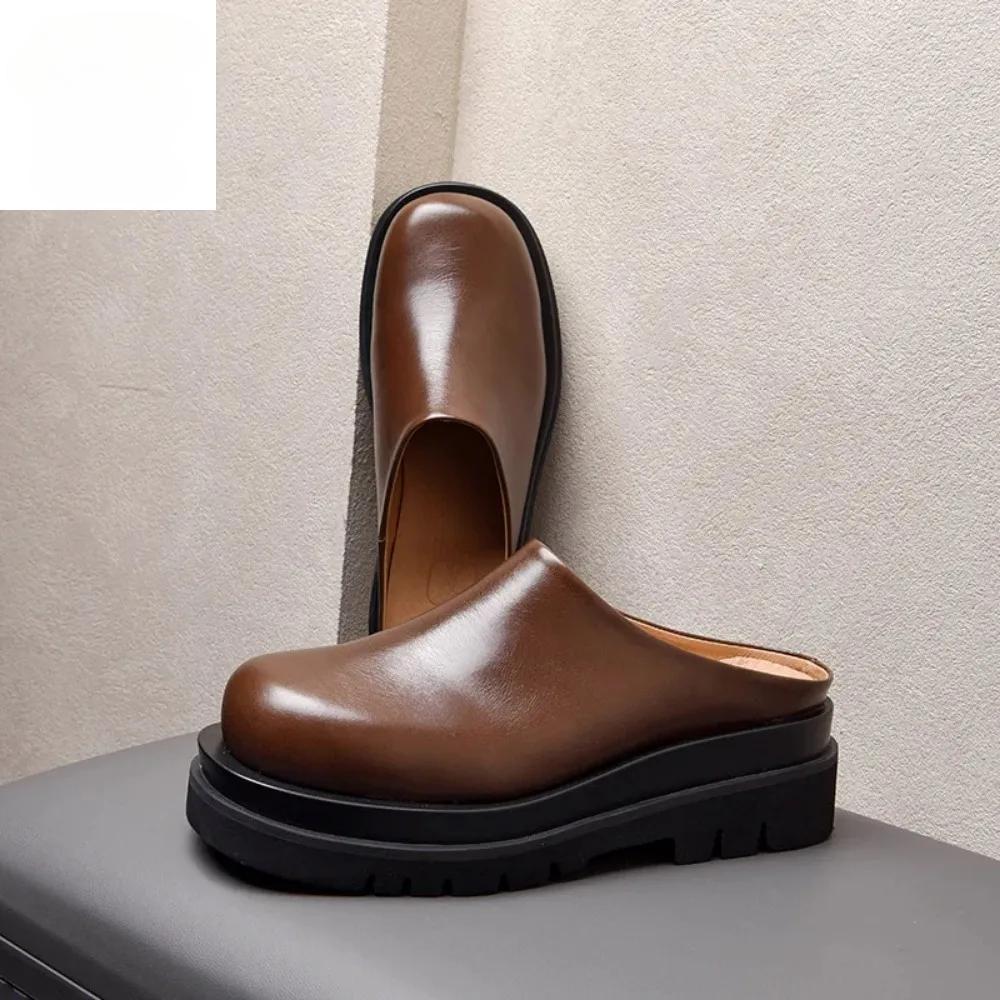 Luxury Leather Platform Man Half Slippers with Heels Genuine Leather Summer Wedding Business Social Shoes Outside Sandals