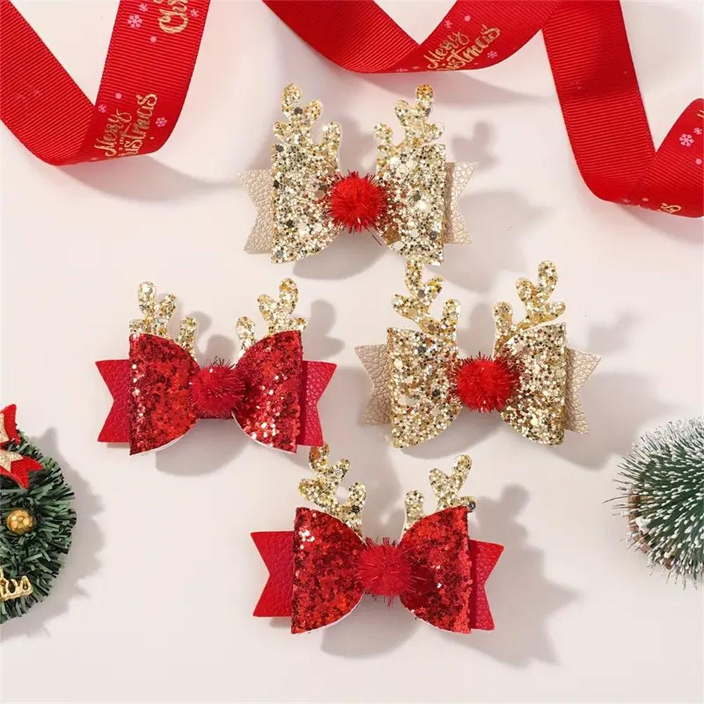 4pcs Children's Christmas Antler Hair Clip Glitter Elk Bow Hair Accessories For Girls Princess Pompom Party Hairpins Ideal Gifts
