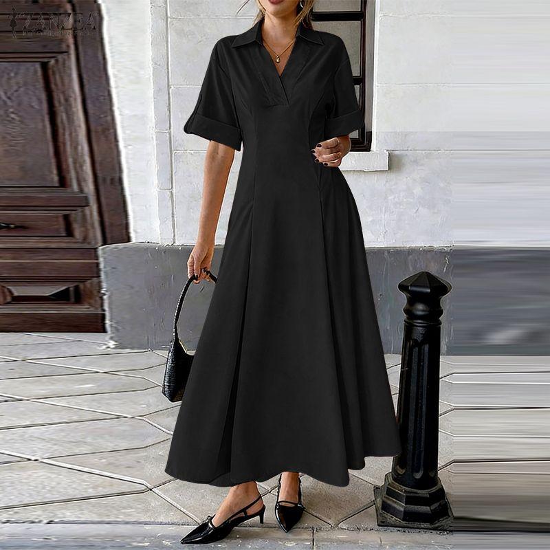 ZANZEA Damen Lässig Umlegekragen Sommer Kurzarm Langes Kleid