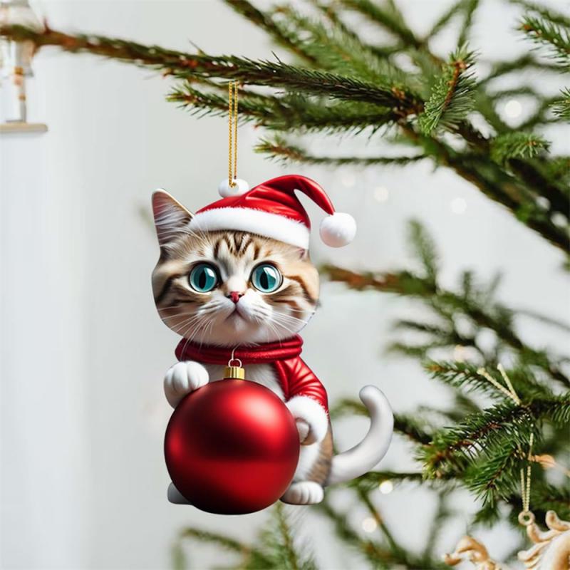 3D Acrylic Cartoon Cat Pendant Holiday Christmas Tree Ornaments 1pcs Xmas Gift Box Car Swinging Pendant Car Interior Decoration